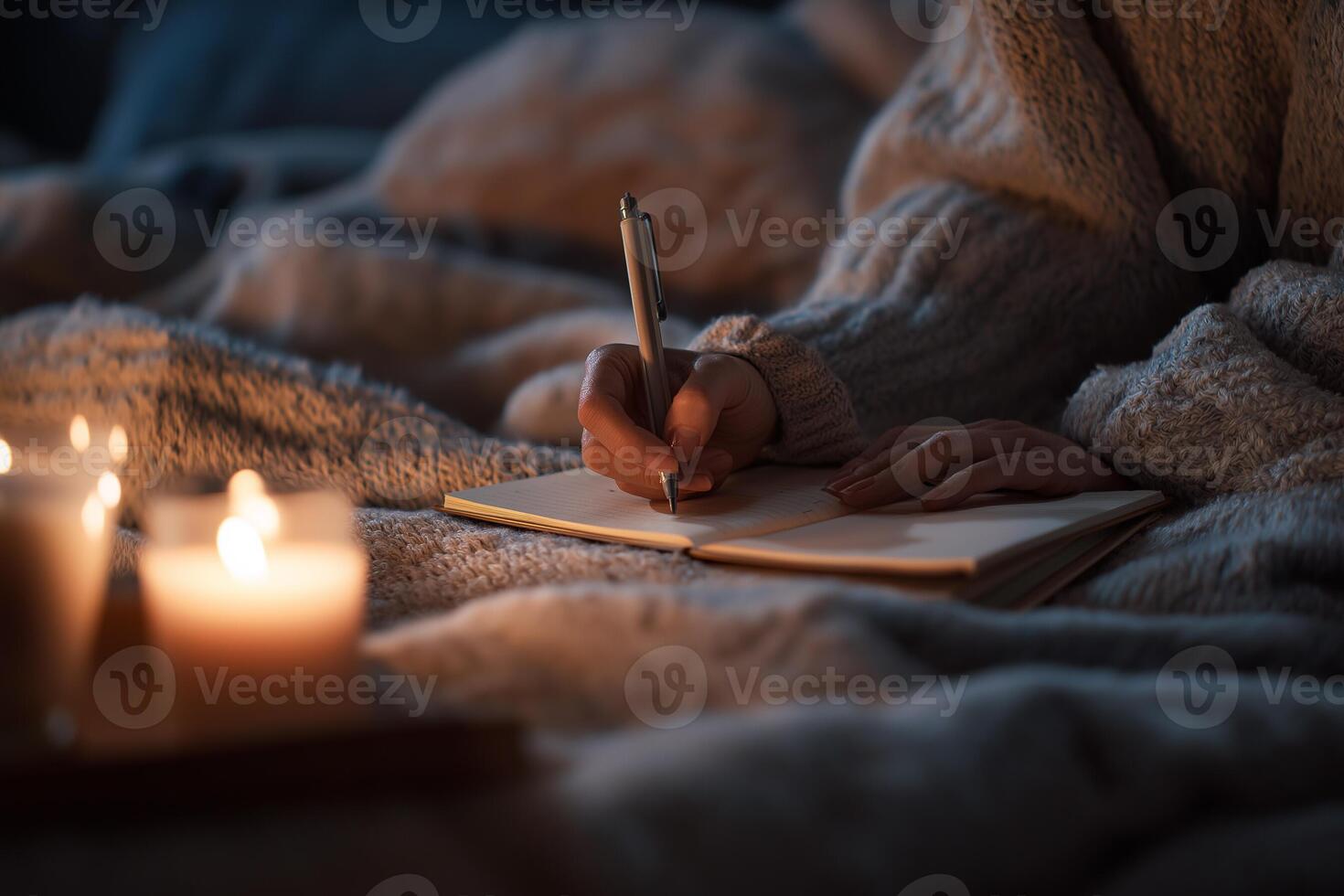 A person writes in a journal by candlelight, wrapped in a blanket. A warm and introspective scene with soft shadows and calm atmosphere. photo