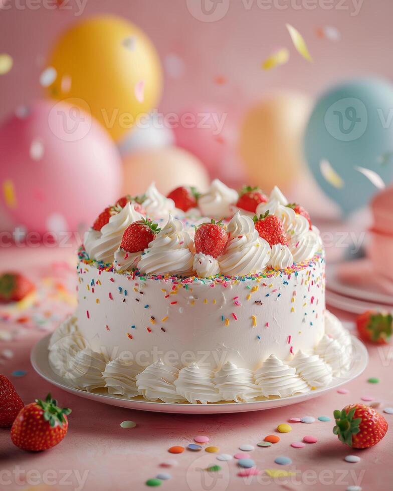 Layered cake with whipped cream, berries, and sprinkles on a festive table. Bright, joyful atmosphere to celebrate World Cake Day. photo