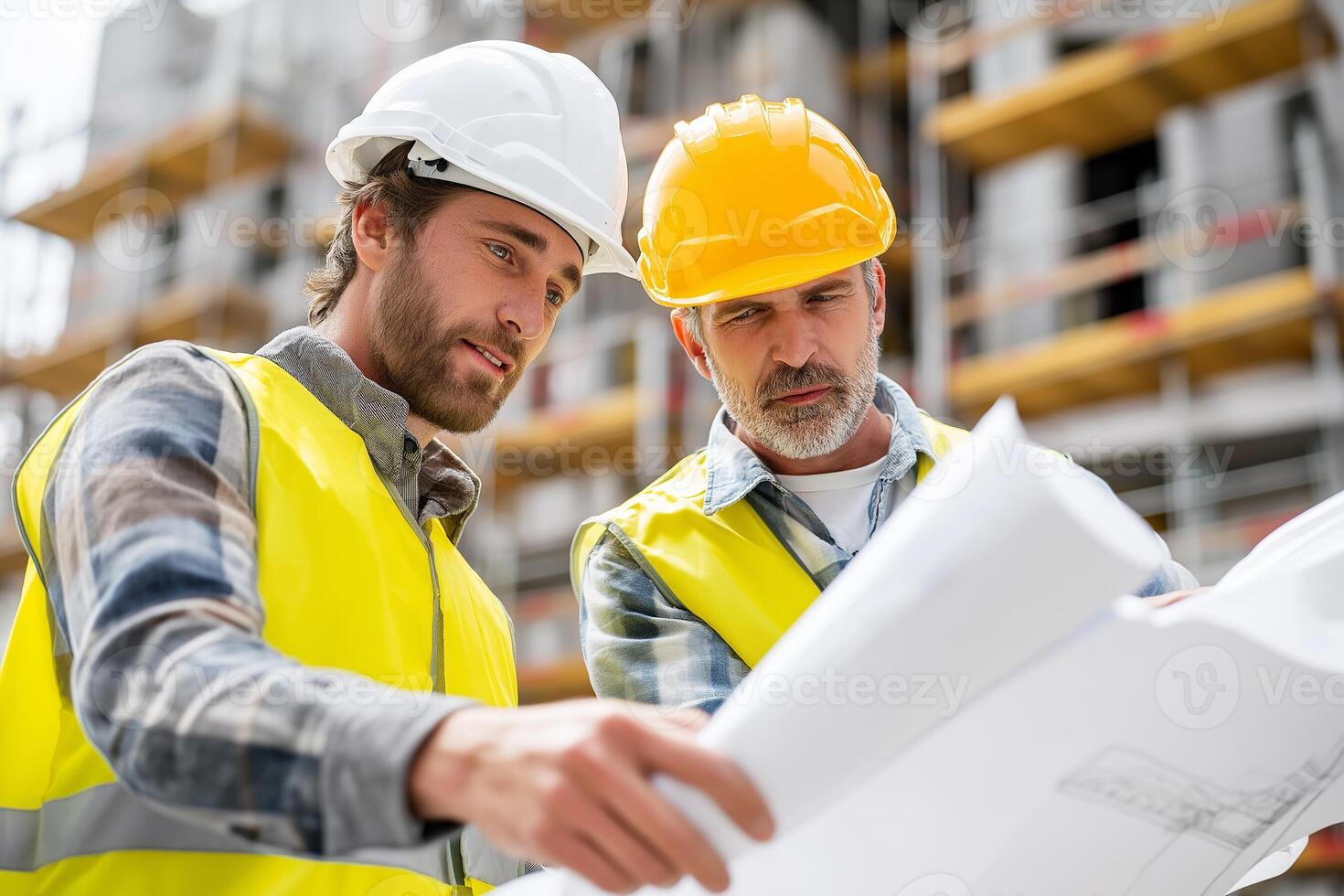 Two construction workers reviewing a blueprint on a building site. One wears a white helmet and vest, the other a yellow helmet. Teamwork and planning on a sunny construction site. photo