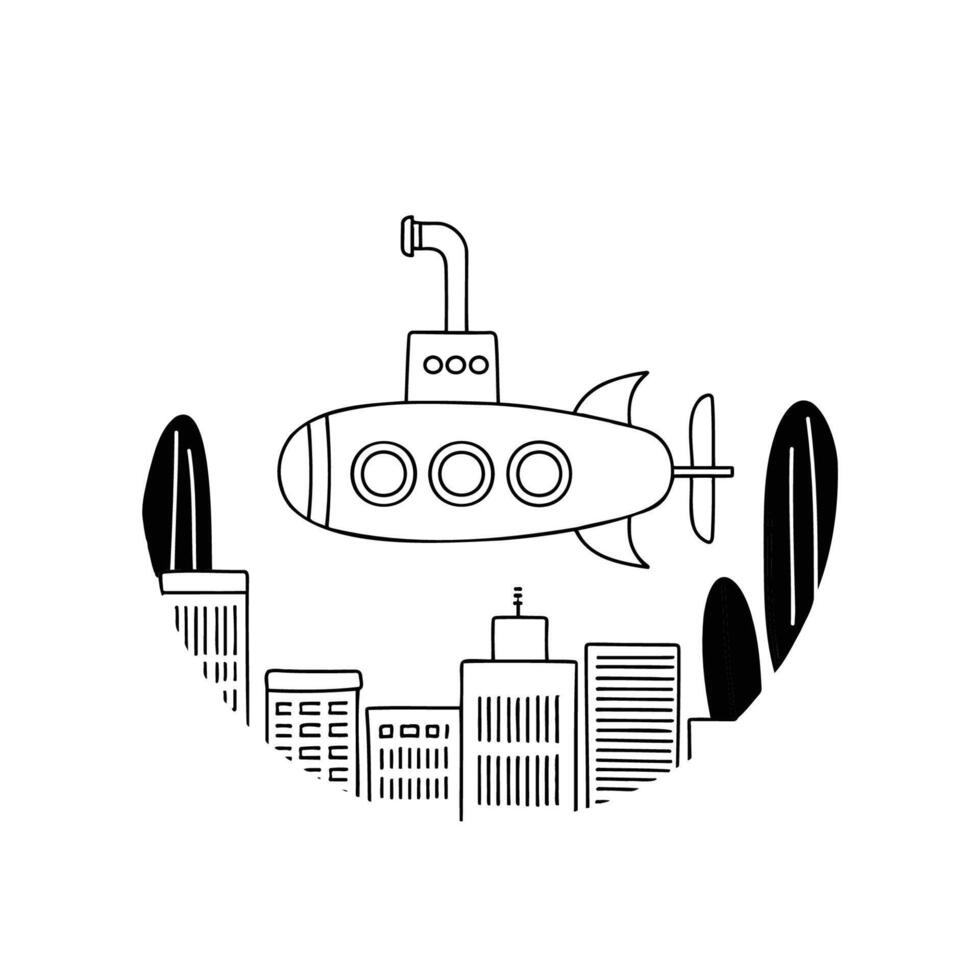 Submarine cruising past an underwater city vector