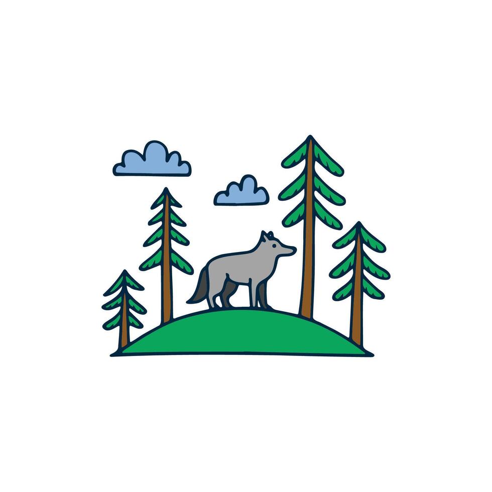 Illustration of wolf on a mound in a forest vector