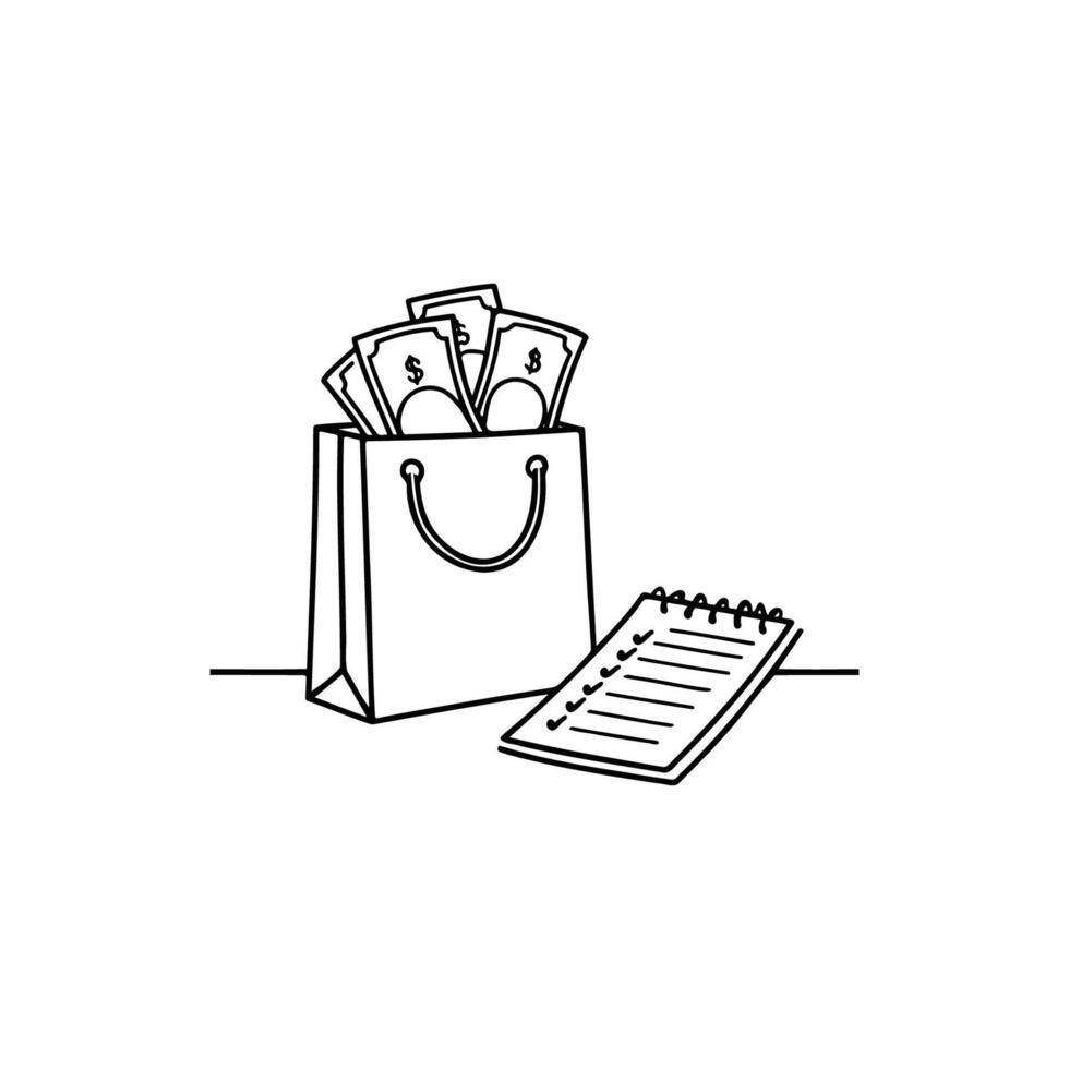 Shopping bag and list on table vector