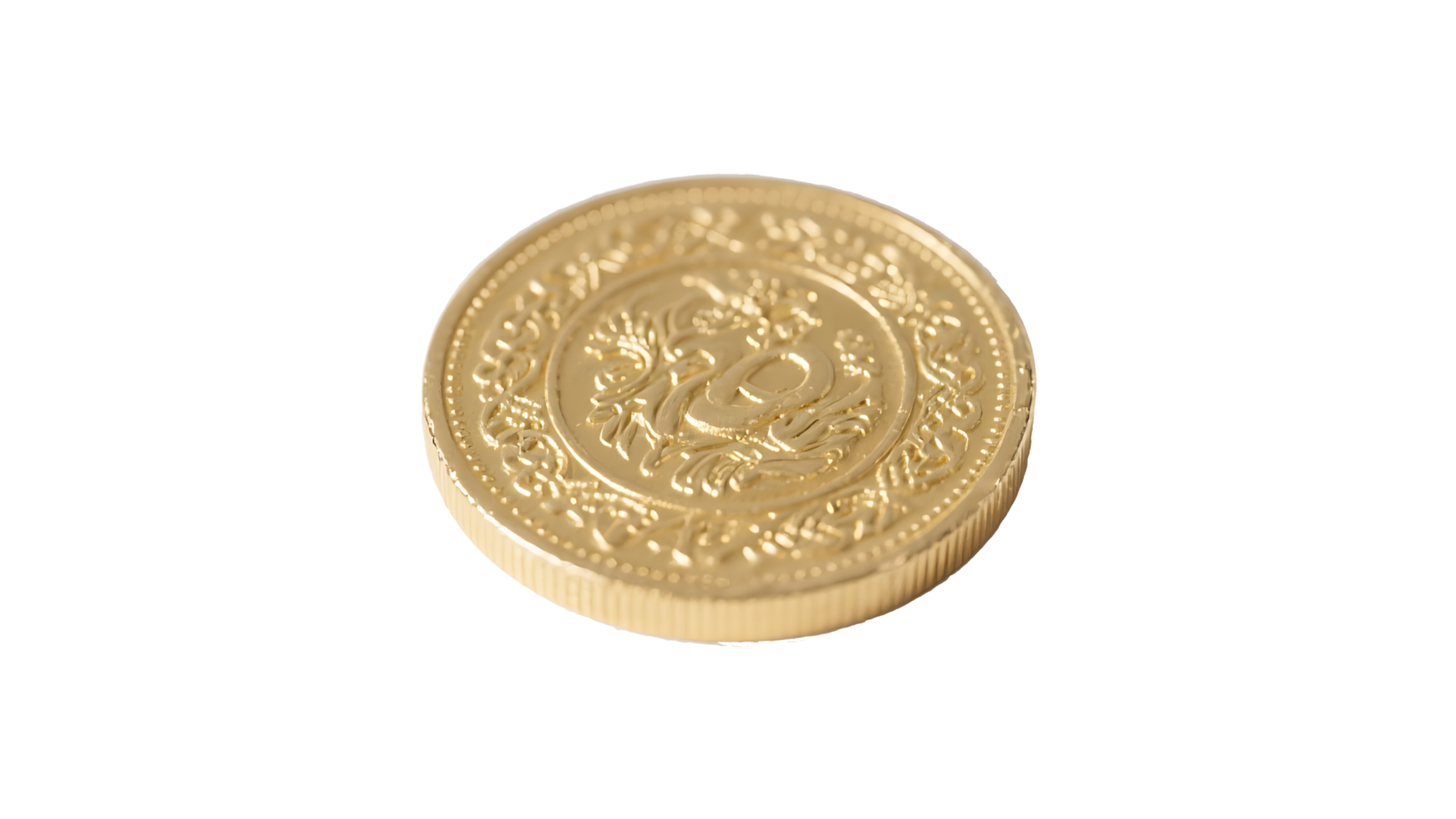 Transparent Gold Coin , Detailed Close-up of a Single Ornate Gold Coin with Intricate Design Isolated on a Transparent Background, Ideal for Digital Design Projects and Game Assets png
