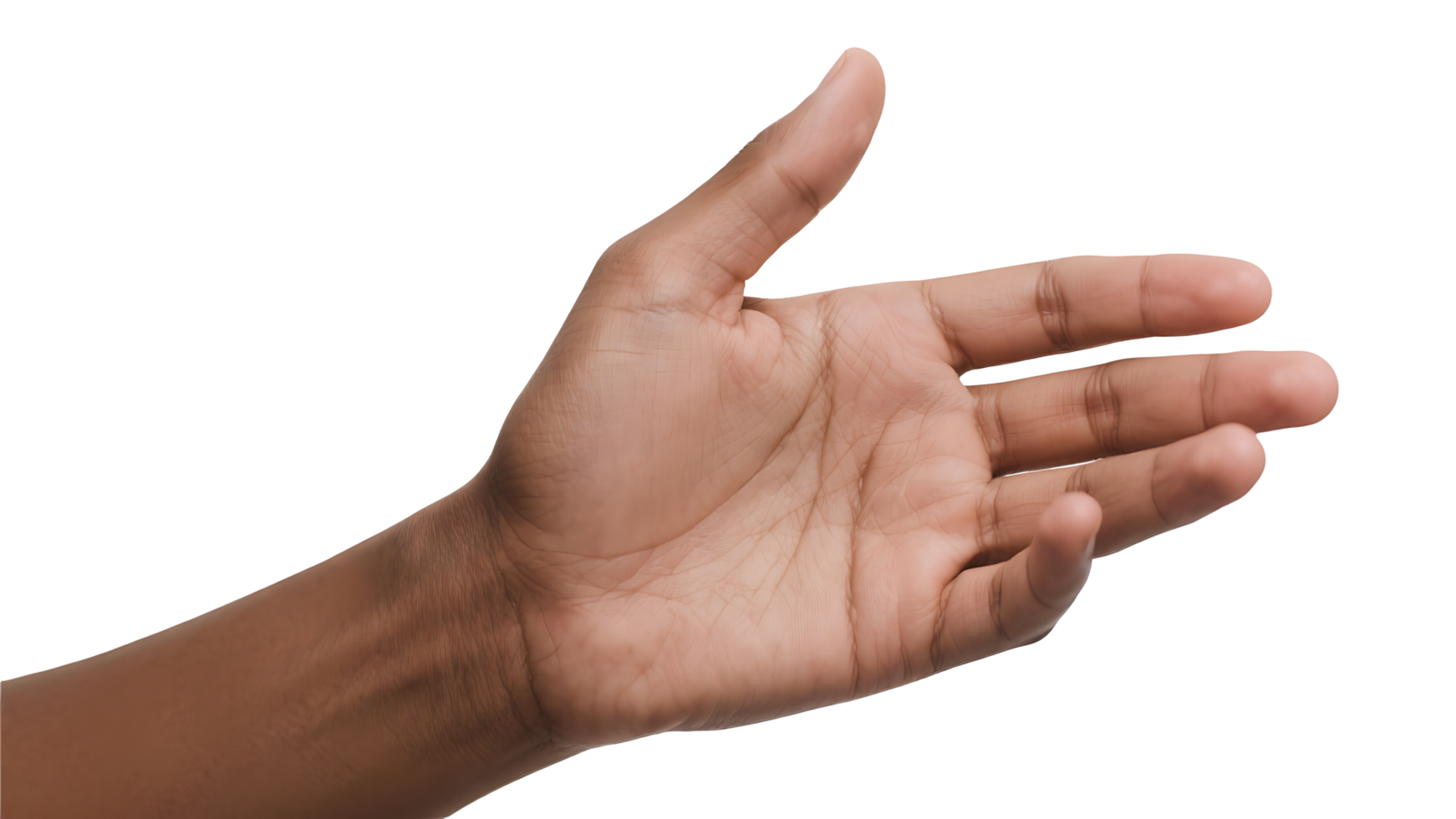 Transparent of Open Brown Hand, Close-up Image of a Person's Brown Hand Open and Reaching, Isolated on a Transparent Background for Design Elements and Graphic Layouts png