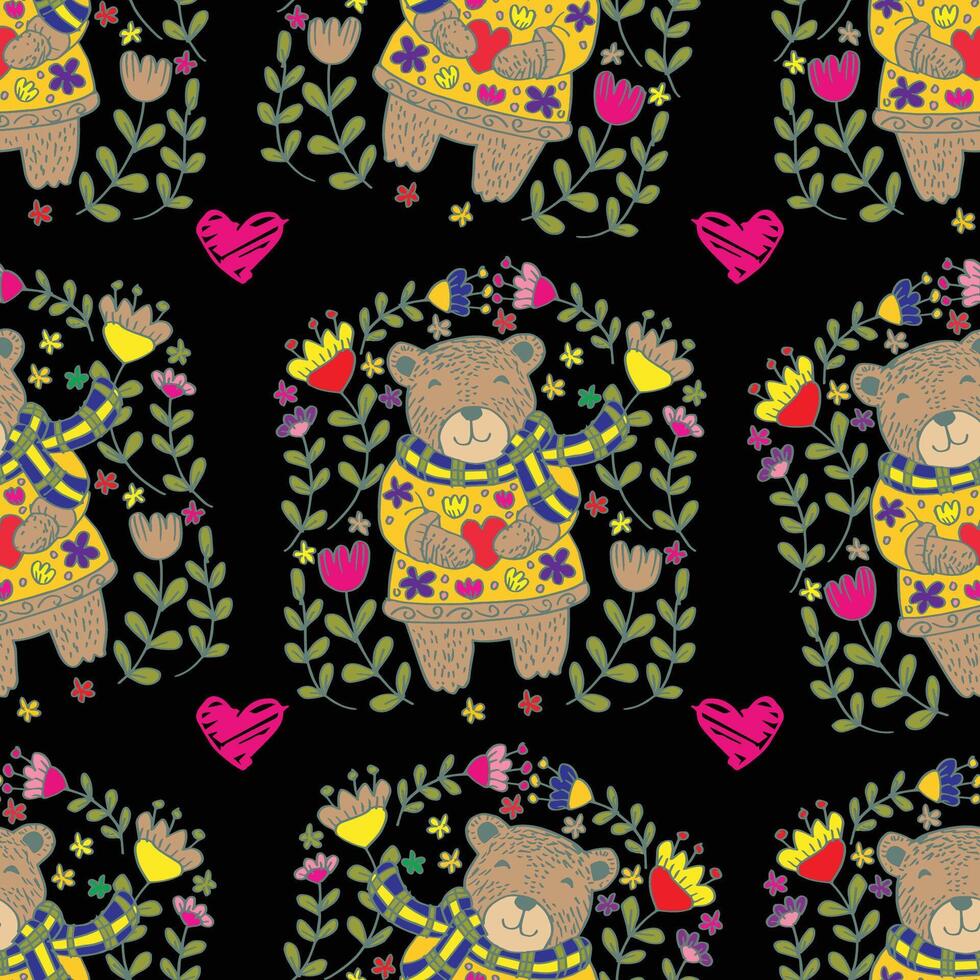 Colorful bear pattern with flowers and hearts vector