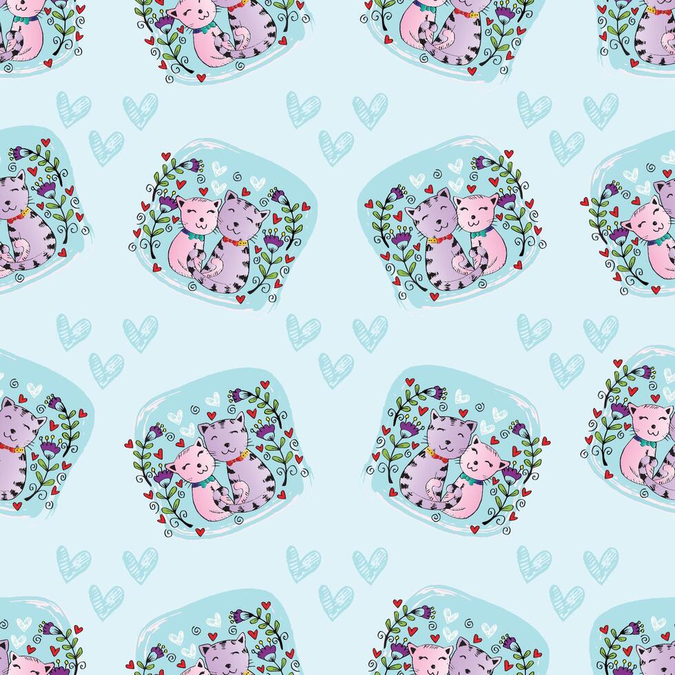 Cute cats in hearts and flowers pattern vector