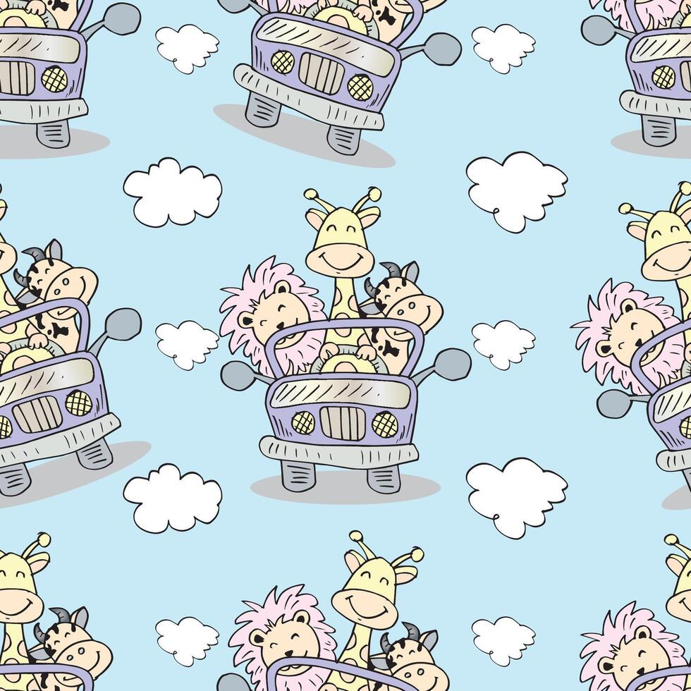 Cartoon animals in a car pattern vector