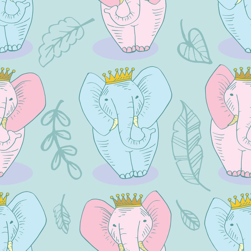 Seamless pattern with cute elephants and leaves. vector