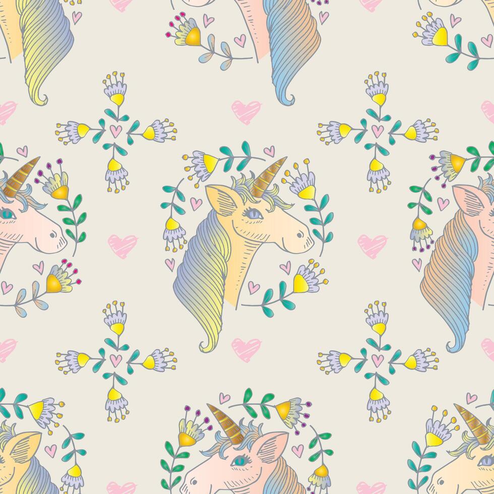 Seamless pattern with cute unicorns, flowers and hearts. vector