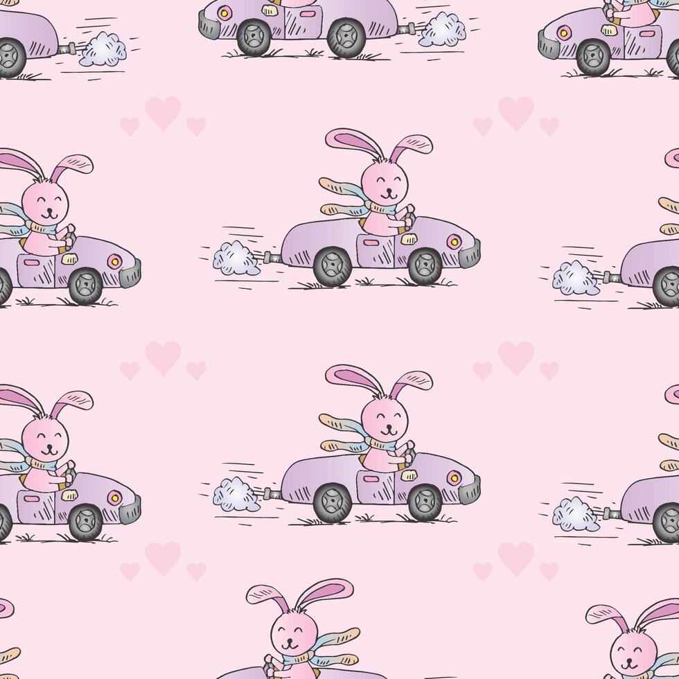 Bunny driving a pink car illustration vector