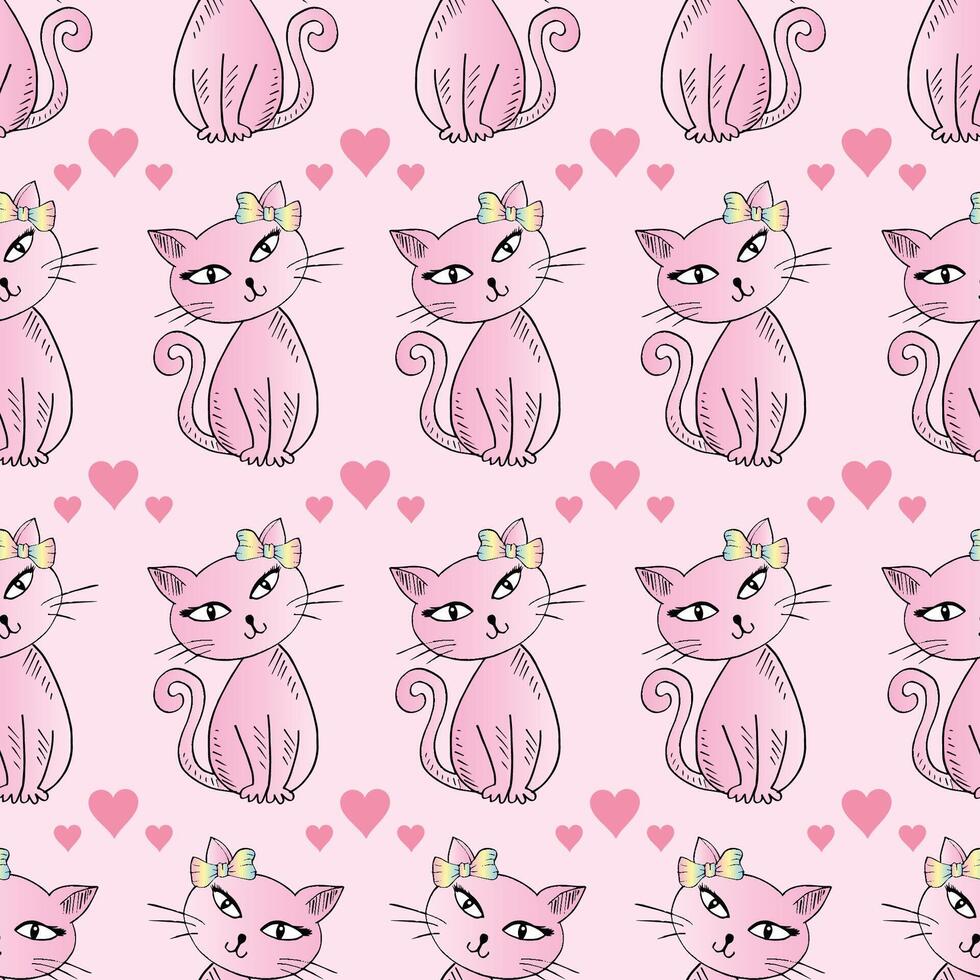 Cute pink cat pattern with hearts vector
