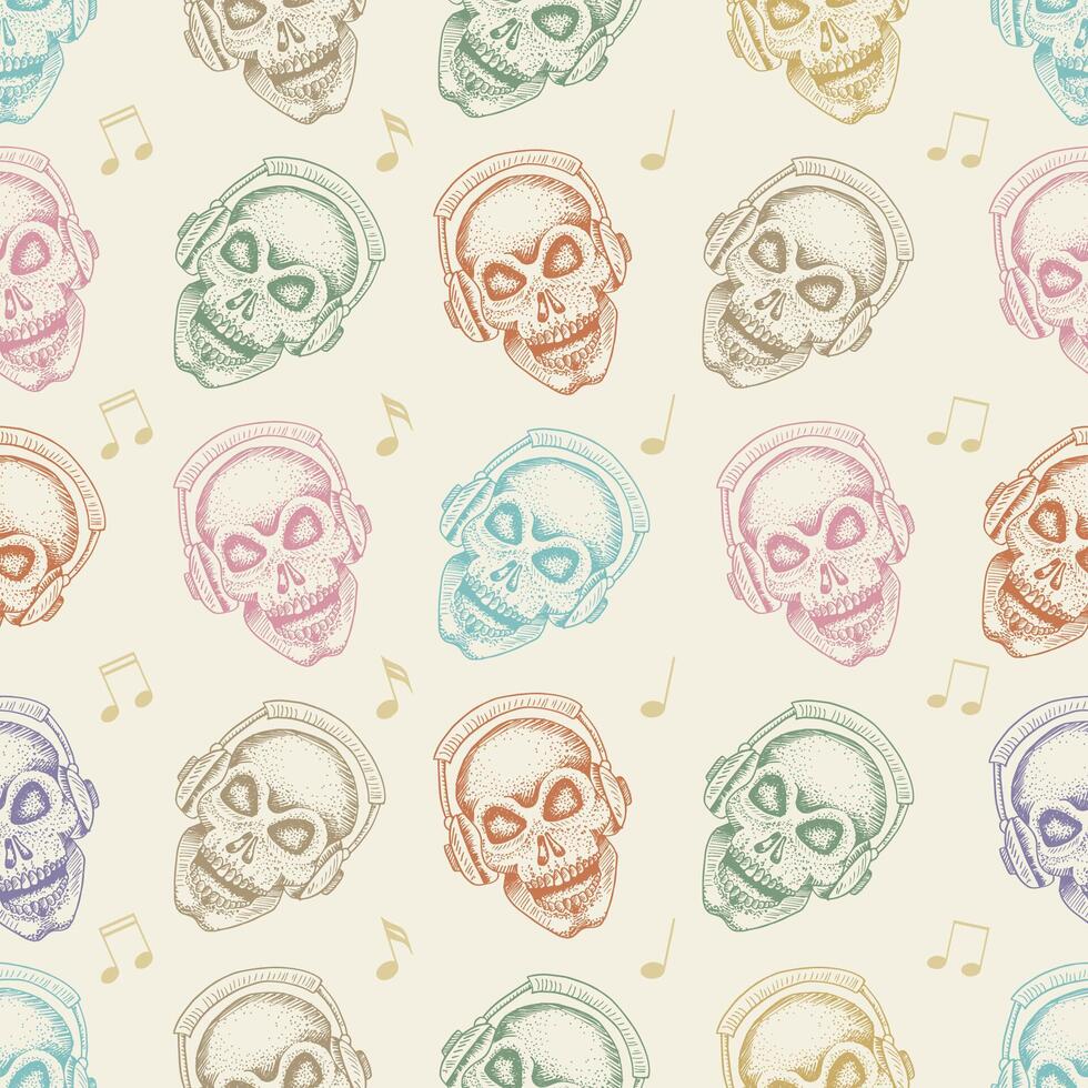 Seamless pattern with human skulls, musical notes and headphones. vector