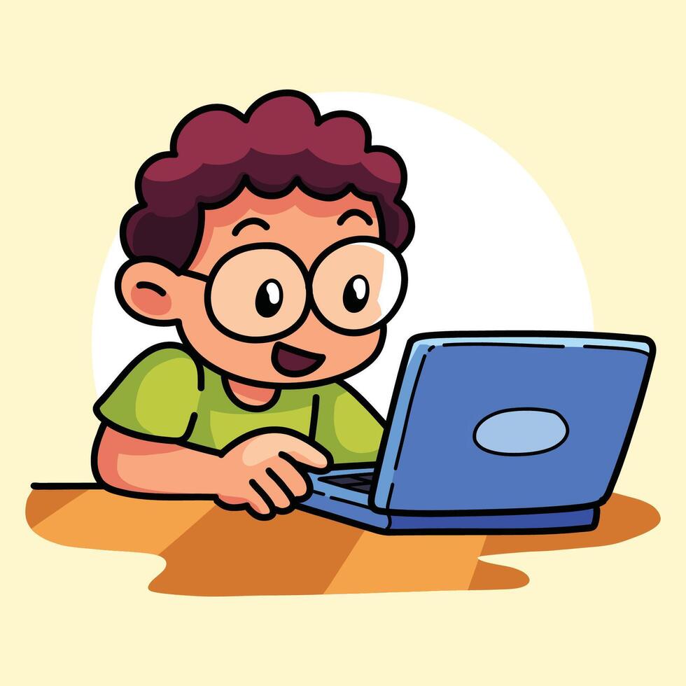 Boy using laptop happily vector