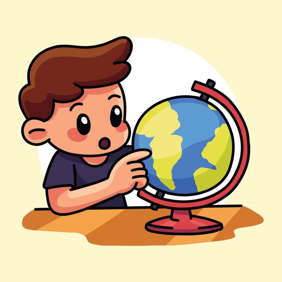 Child pointing at a globe vector