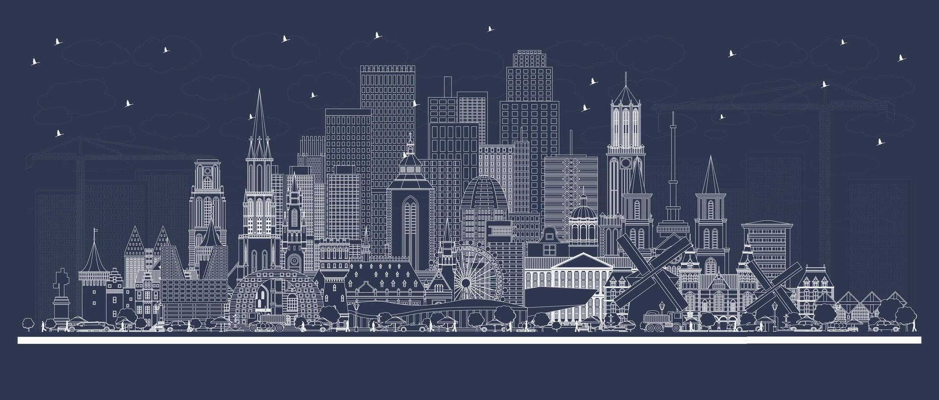 Outline Netherlands Skyline with white Buildings. Tourism Concept with Historic Architecture. Cityscape with Landmarks. Amsterdam. Rotterdam. The Hague. Utrecht. vector