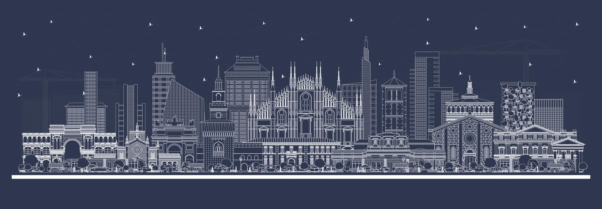 Outline Milan Italy City Skyline with white Buildings. Business Travel and Concept with Historic Architecture. Milan Cityscape with Landmarks. vector