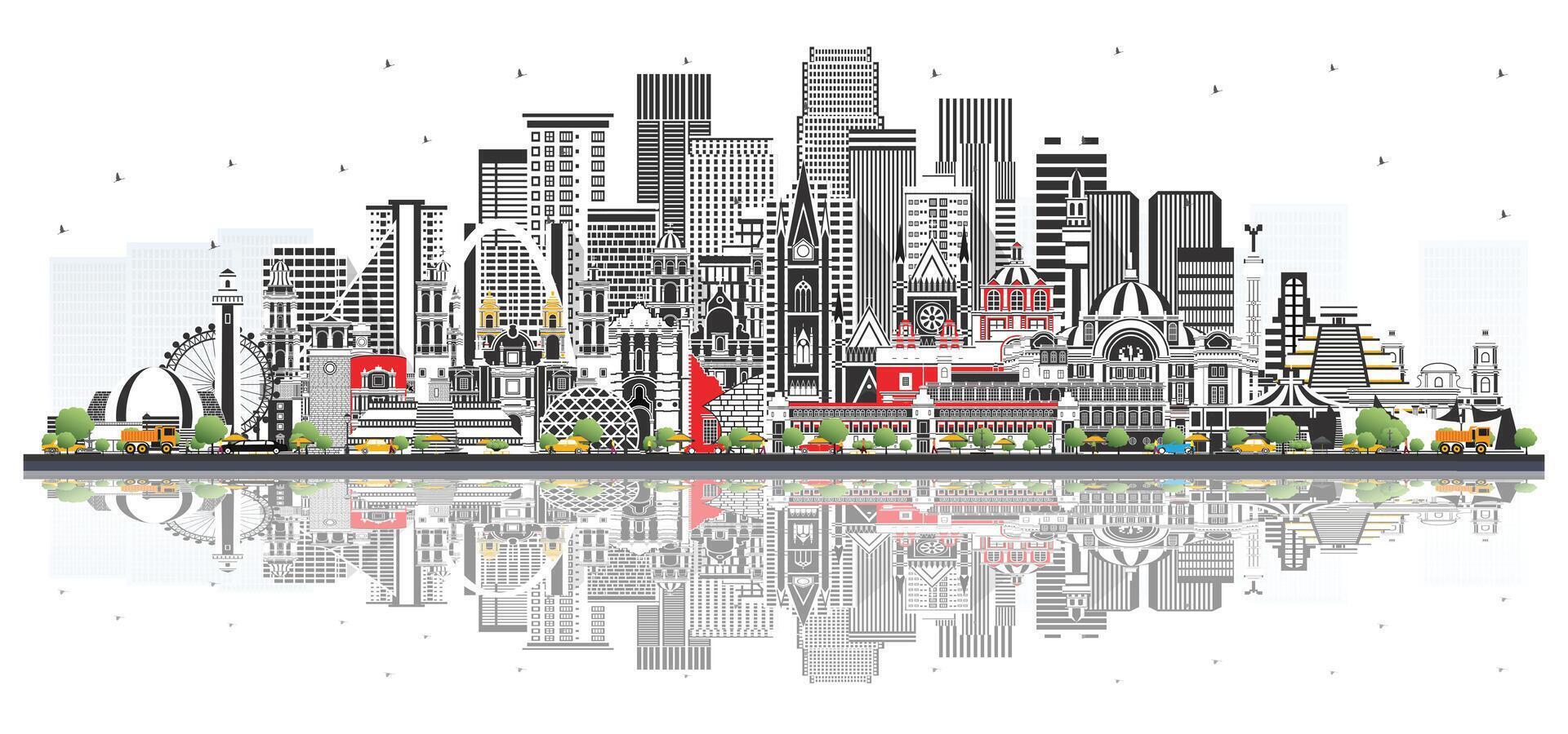 Mexico Skyline with Gray Buildings and reflections Isolated on White. Concept with Historic Architecture. Mexico Cityscape with Landmarks. Puebla. Mexico. Tijuana. Guadalajara. vector