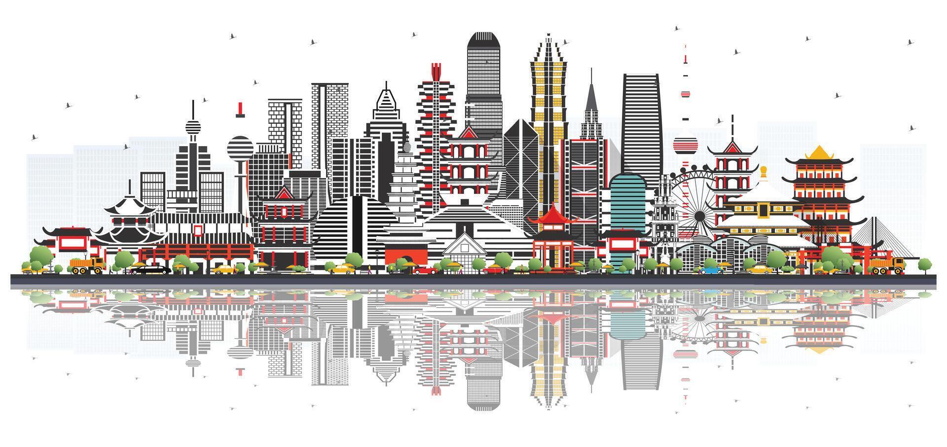 China City Skyline with Gray Buildings Isolated on White. Famous Landmarks in China. Business Travel and Tourism Concept with Modern Architecture. China Cityscape with Landmarks. vector