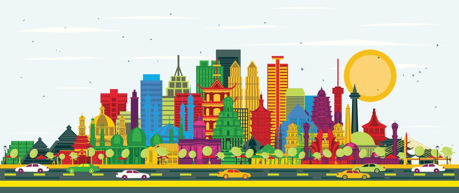 Colorful city skyline with diverse buildings vector
