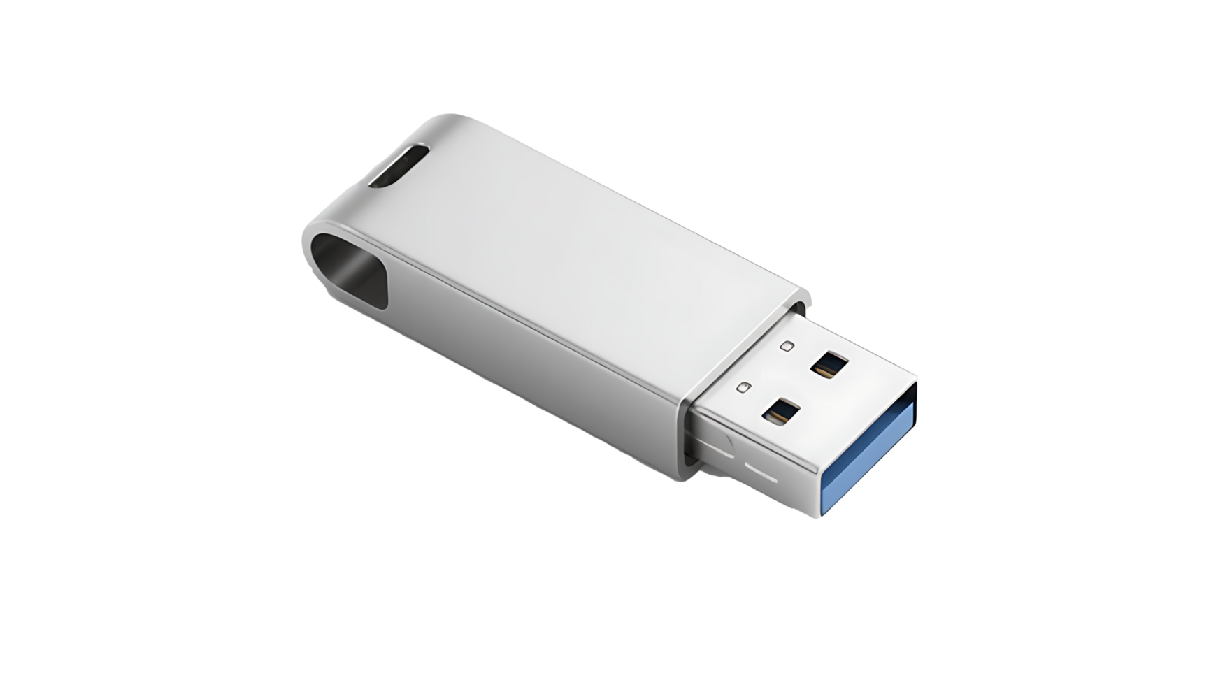 Transparent of a Silver USB Flash Drive with Blue Connector, High-Resolution Mockup of a Modern Sleek USB Drive Isolated on Transparent Background, Ideal for Web Design and Branding Projects png