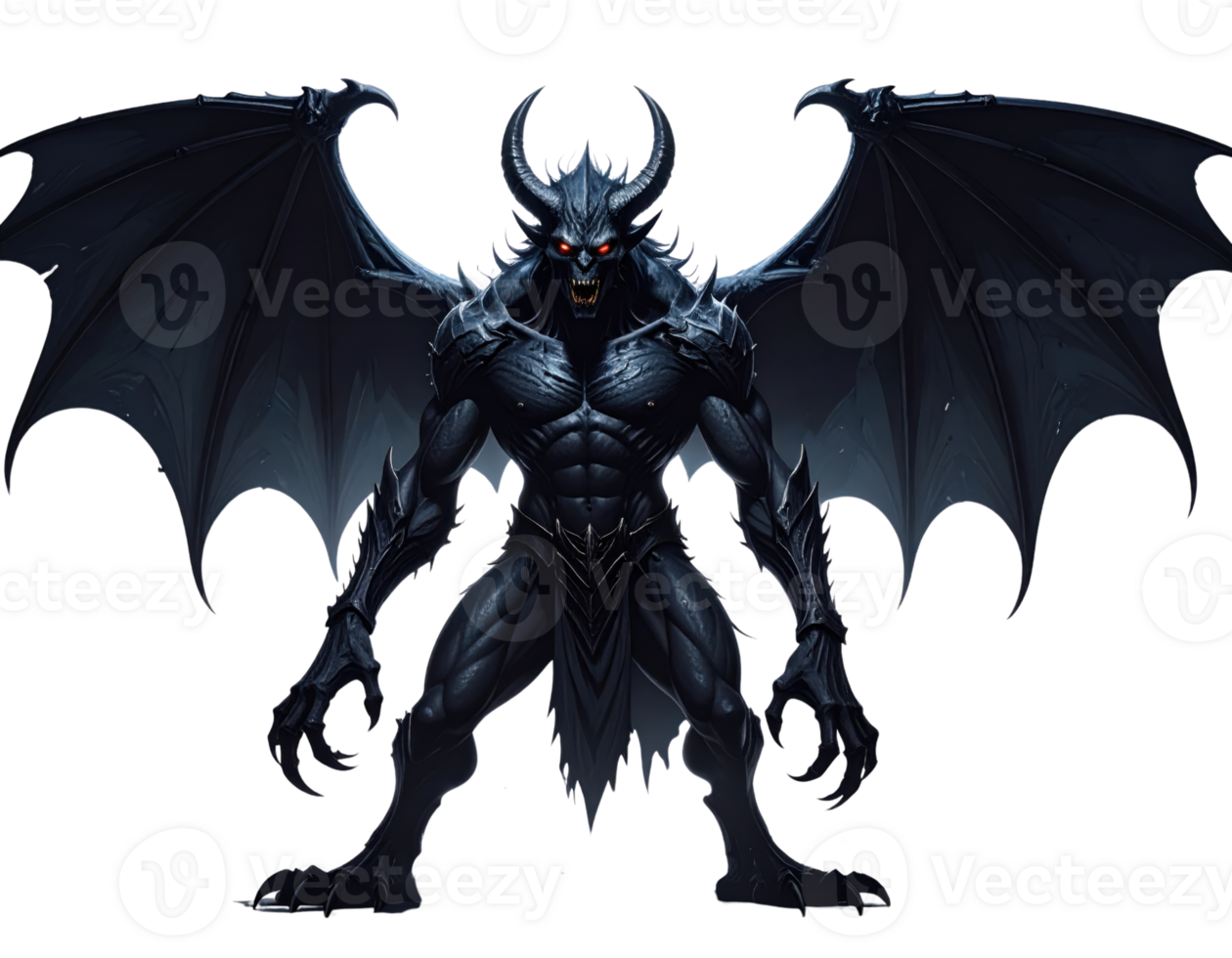 Fierce, menacing demon with glowing red eyes and leathery wings png