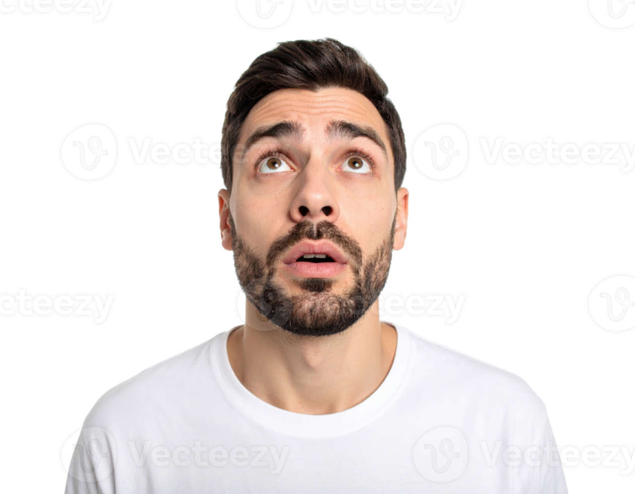 Surprised young man with beard looking up with shocked expression png