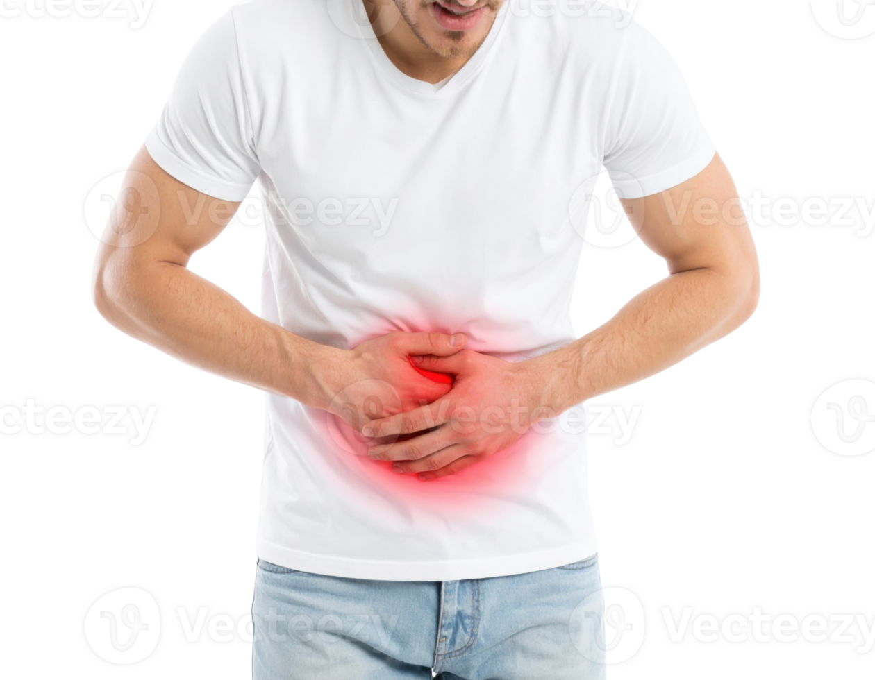 Man experiencing stomach pain and abdominal discomfort with red highlight showing digestive health issues png