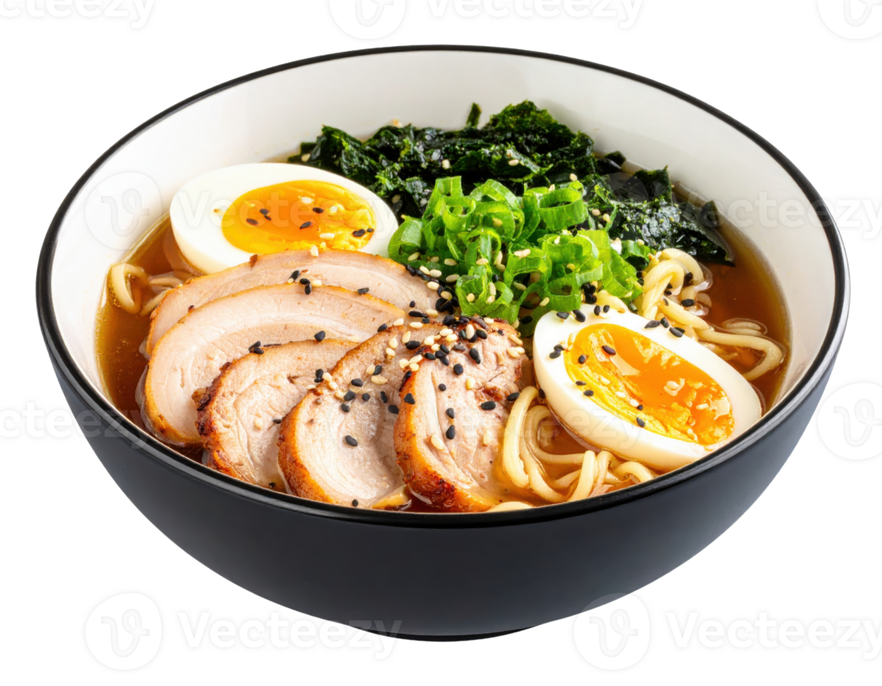 Japanese ramen bowl with sliced pork, soft boiled egg, noodles, spinach and green onions in savory broth png