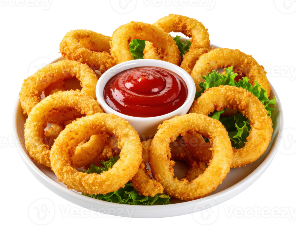 Golden crispy breaded onion rings served with ketchup dipping sauce on white plate png