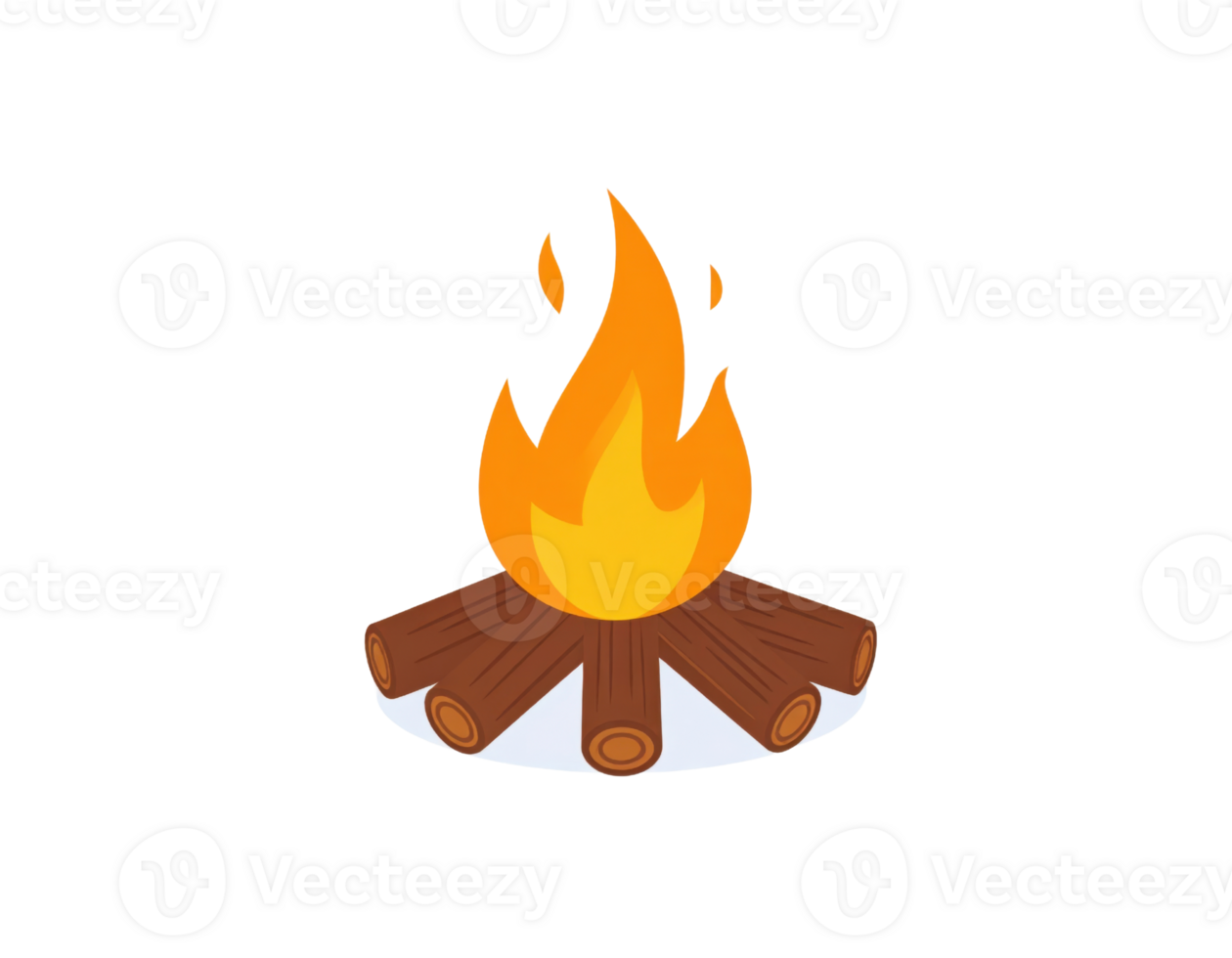 Campfire with orange flames and wooden logs burning brightly on transparent background png