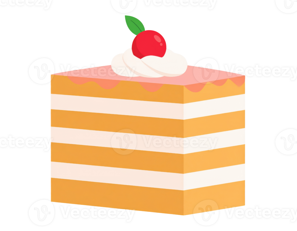 Layered sponge cake slice with cream filling topped with whipped cream and cherry illustration png