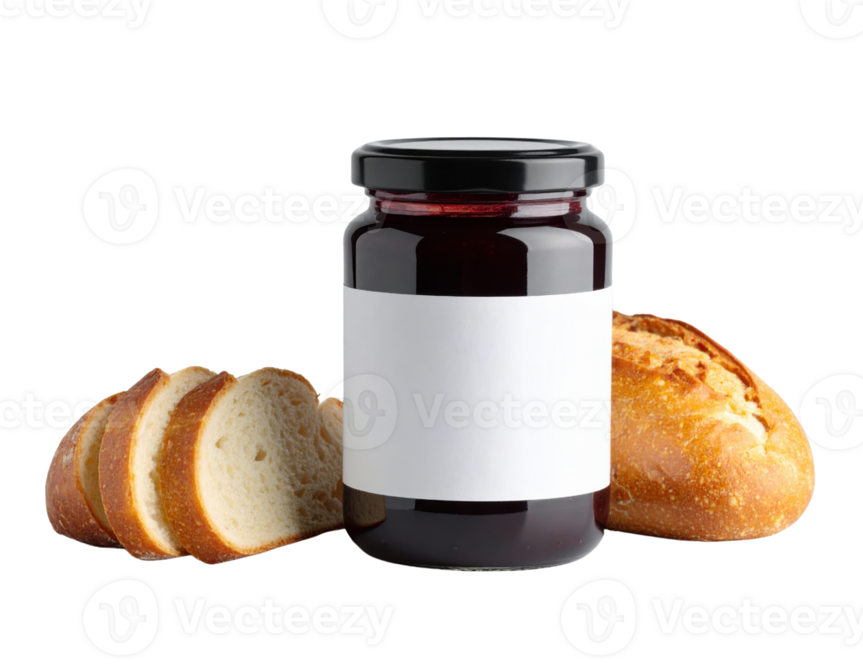 Glass jar with blank white label containing dark jam or preserve with sliced artisan bread png
