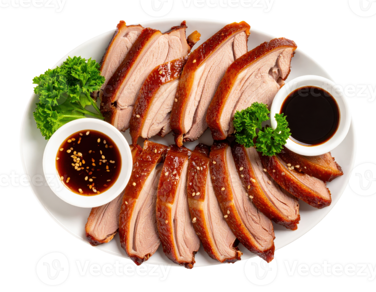 Sliced roasted duck breast with glossy lacquered skin served with soy dipping sauce and sesame seeds png