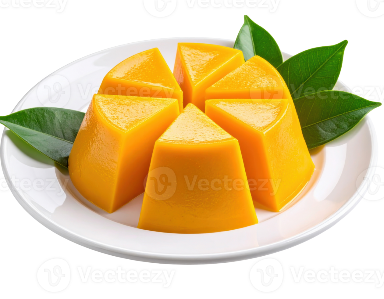 Orange jelly dessert molded in triangular wedge shapes resembling citrus segments on white plate with leaves png