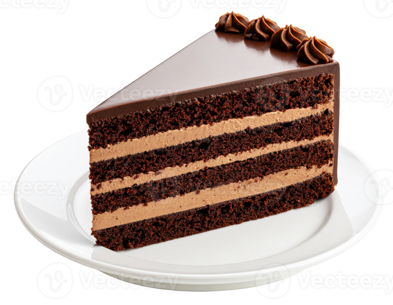 Slice of layered chocolate cake with chocolate frosting rosettes on white plate png