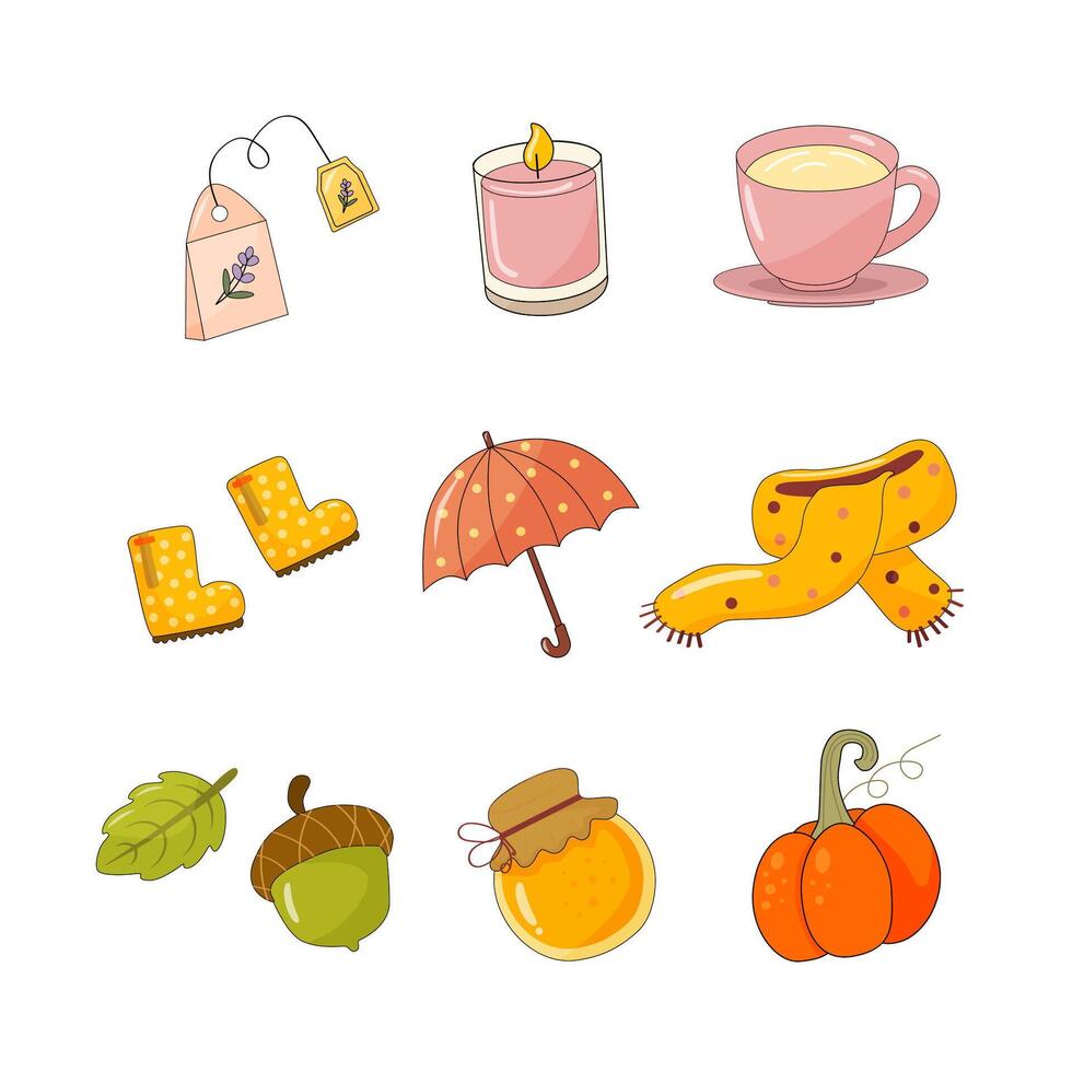 colorful, cozy autumn icon set. vector