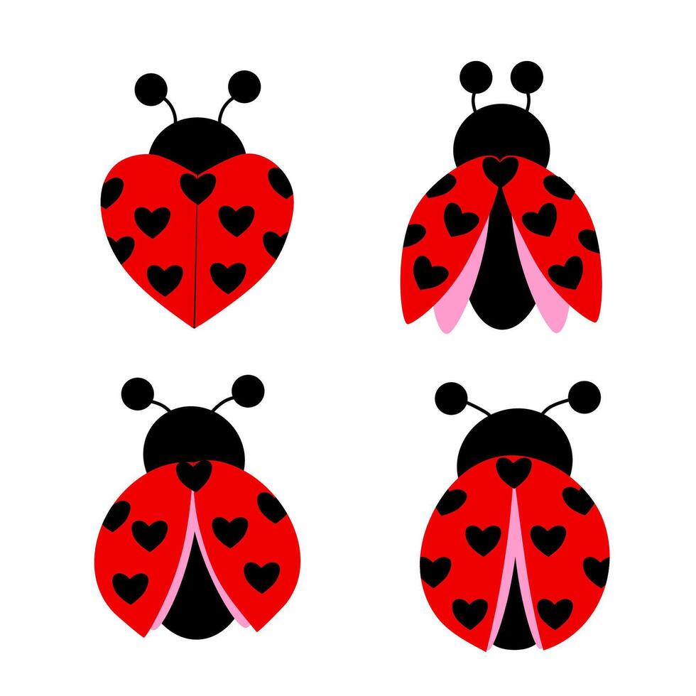 colorful set of ladybugs with hearts, on a white background. hand drawn. vector