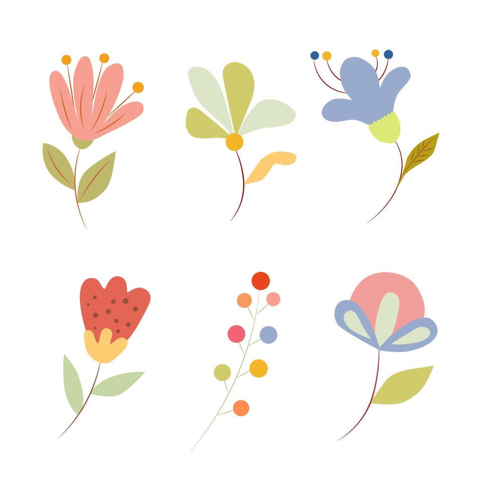 colorful set with cute summer flowers, and colorful twigs and leaves on white background vector