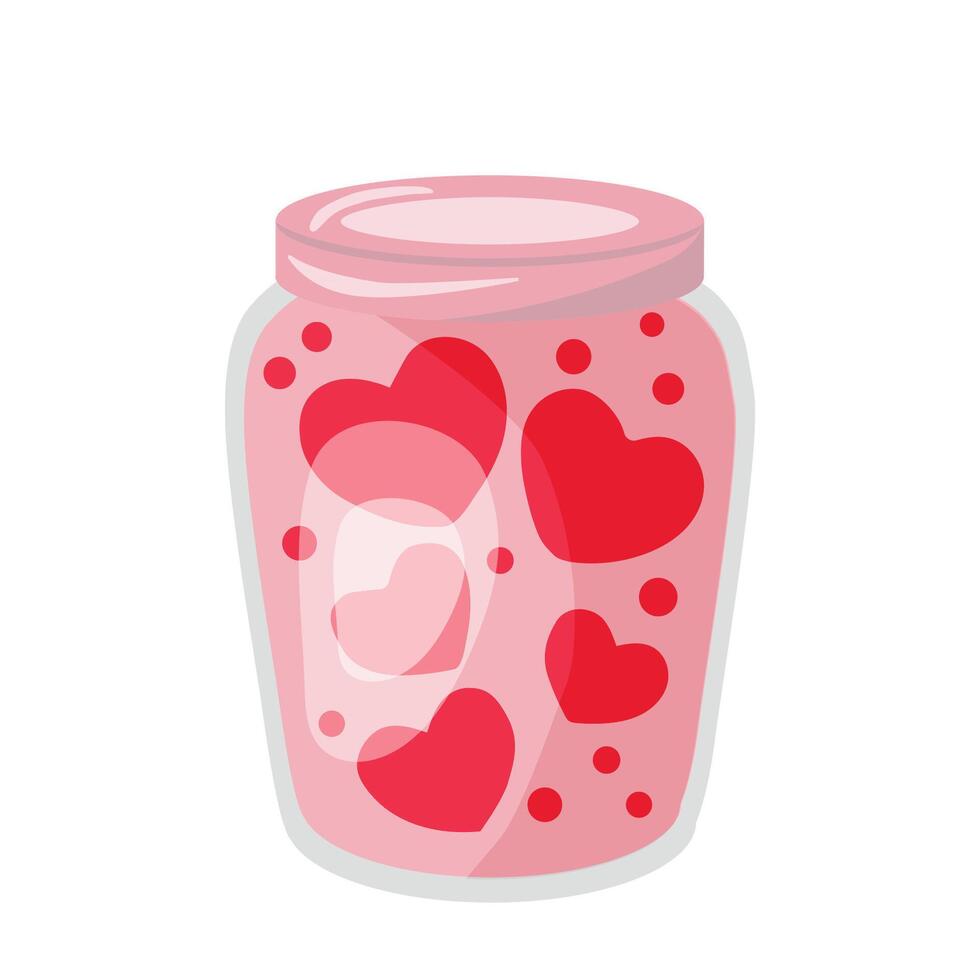 colorful glass pink jar filled with red hearts, hand drawn. vector