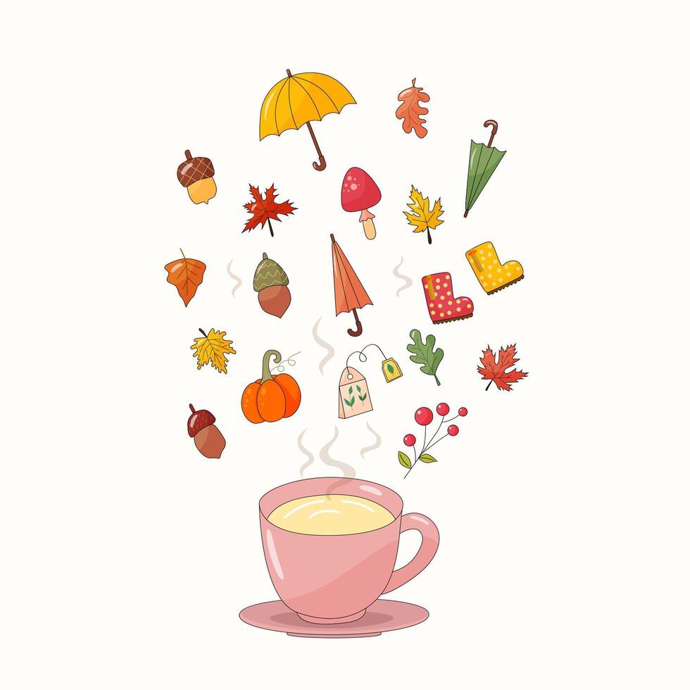 Autumn pink mug with hot tea, umbrella hovering above the mug, acorns, rubber boots, leaves, hand drawn, on a light background vector