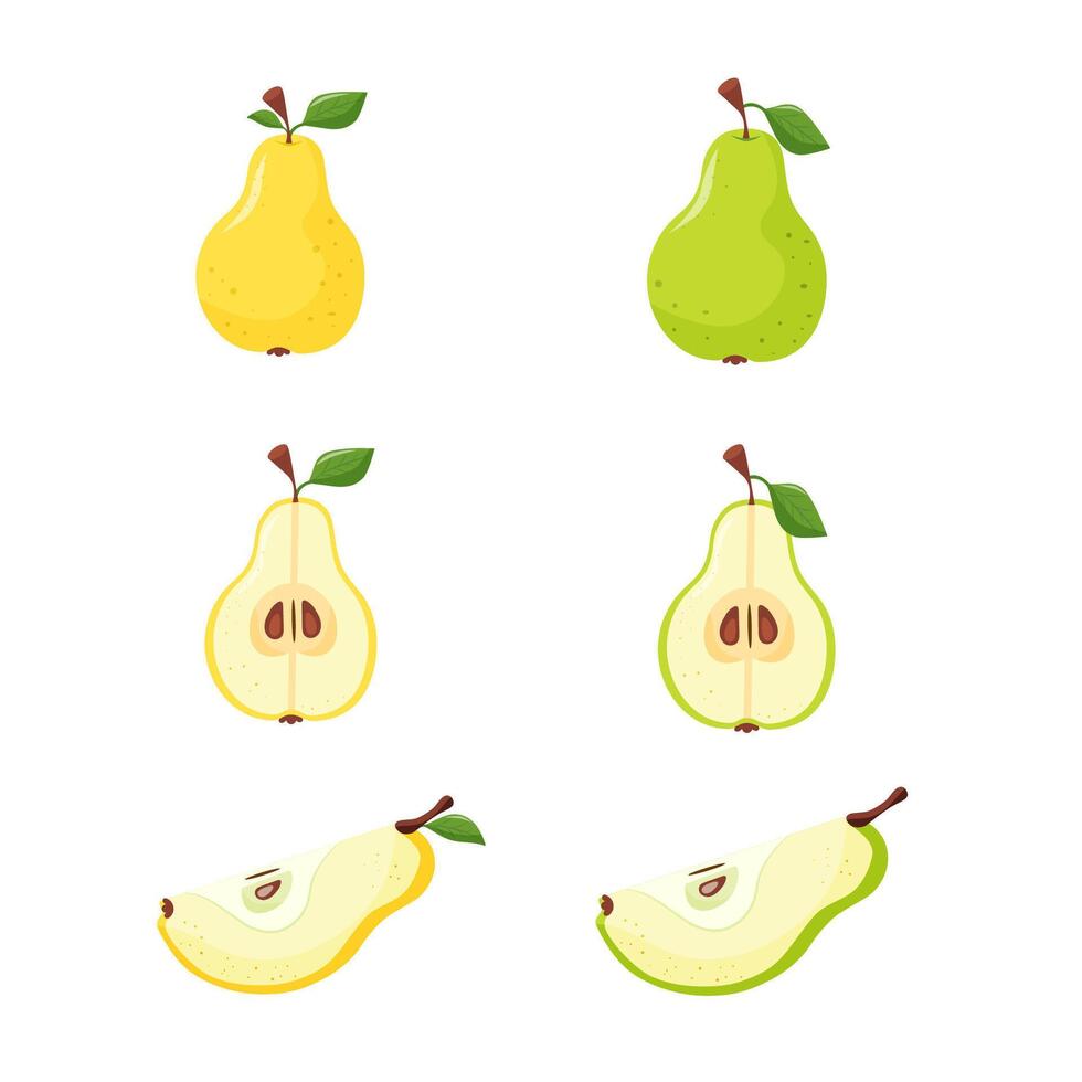 assorted green and yellow pears, whole pears, halves of pears and combinations thereof vector