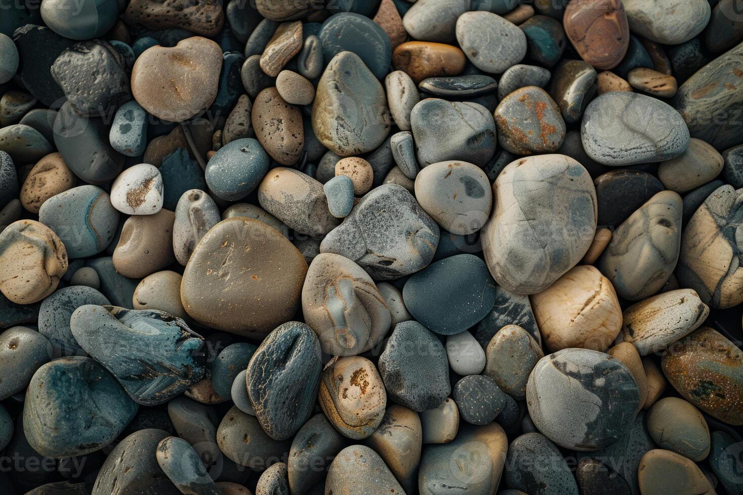 Photo of Pile of grey pebble stones. Background texture for backdrops or mapping