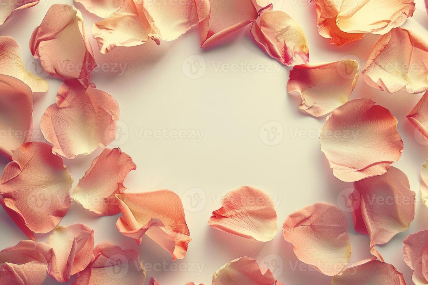 Top view of pink rose petals for Valentines Day on light pastel background. Professional photo