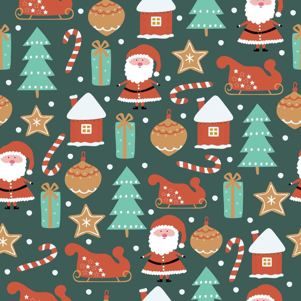 Christmas pattern with Santa and decorative items vector