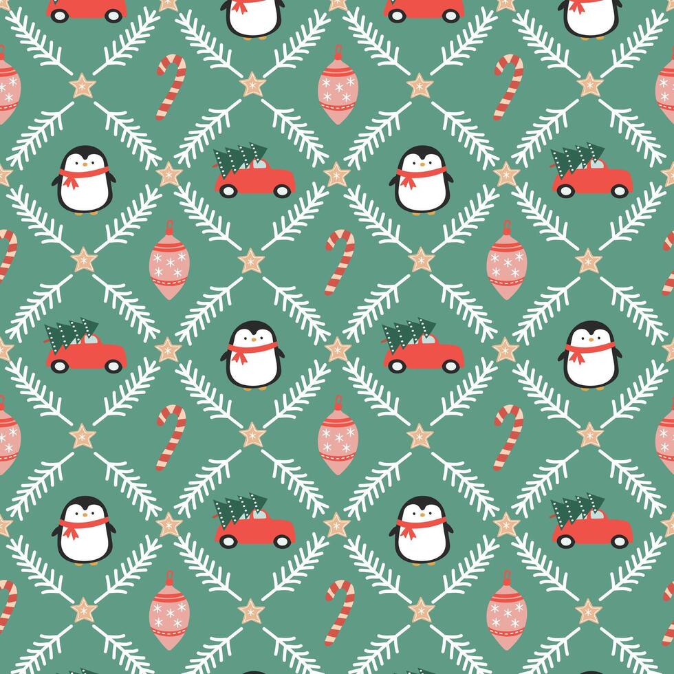Festive penguin and car pattern design vector