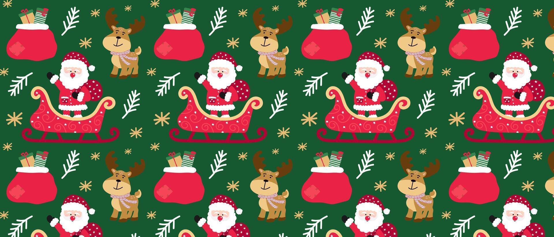 Santa claus in a sleigh with a cute reindeer and gifts bag. Christmas pattern with festive holiday elements. vector