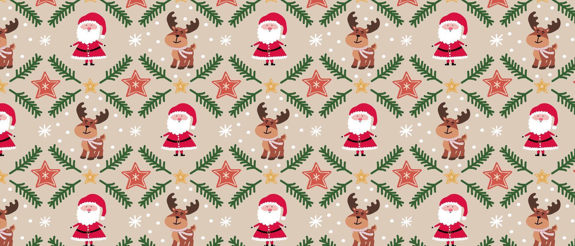 Cute Christmas pattern with Santa Claus, deer, stars and fir branches. Holiday background for fabric, packaging, wallpaper or cover. vector