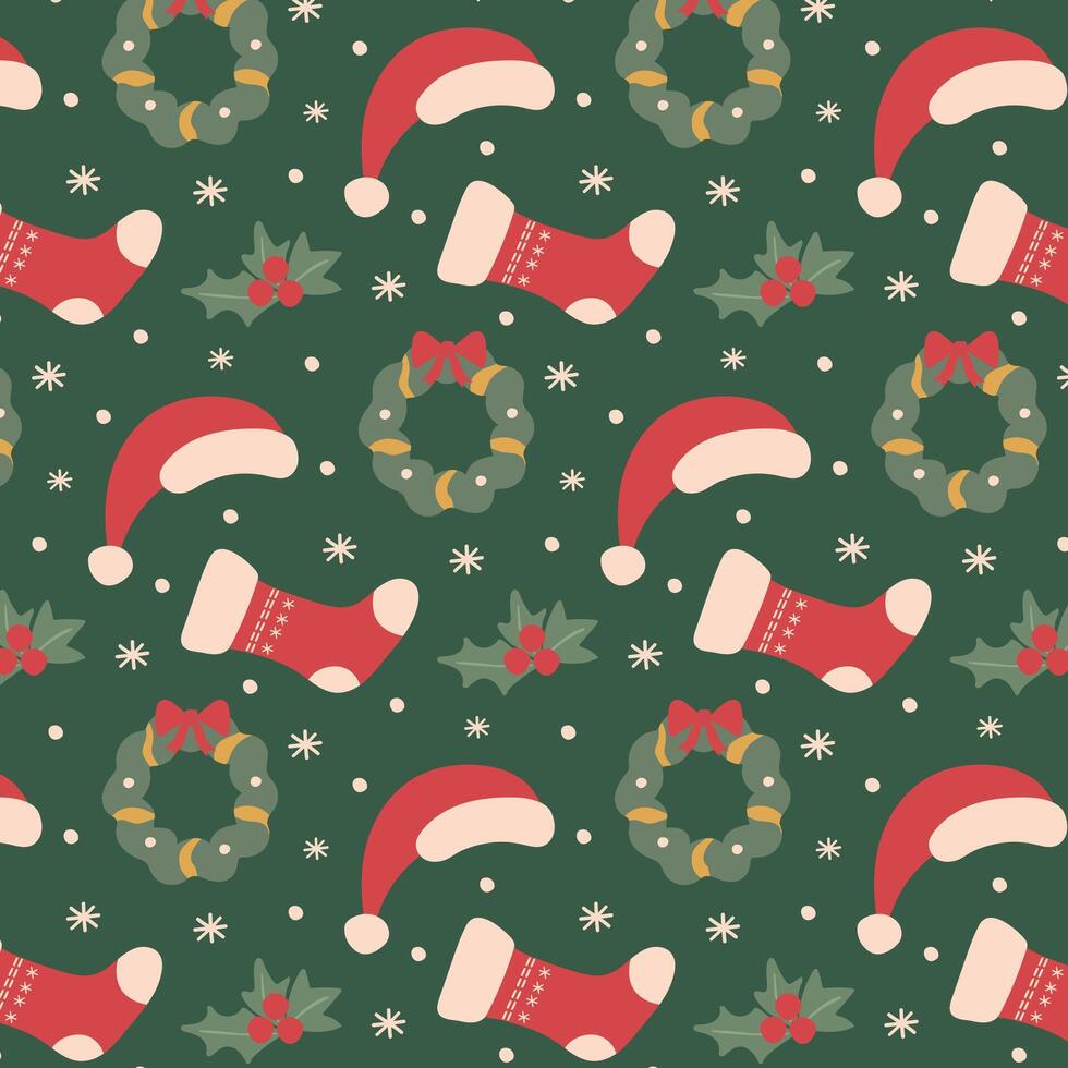 Christmas festive pattern with Santa hat, stocking, wreath and holly berries on green background for holiday decorative paper. vector
