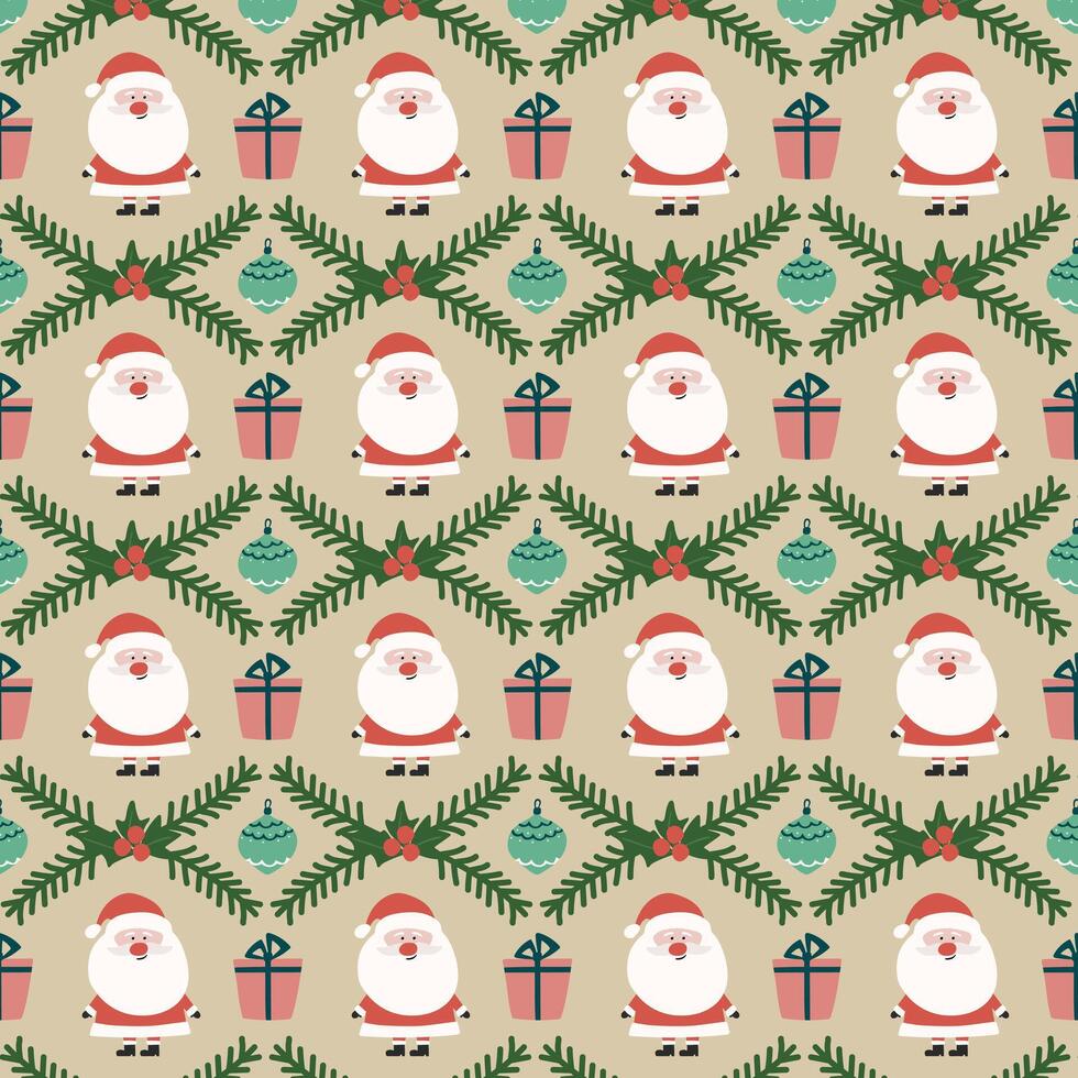 Santa Claus pattern with gift box and tree branch with holly berries. Christmas and New Year celebration. vector