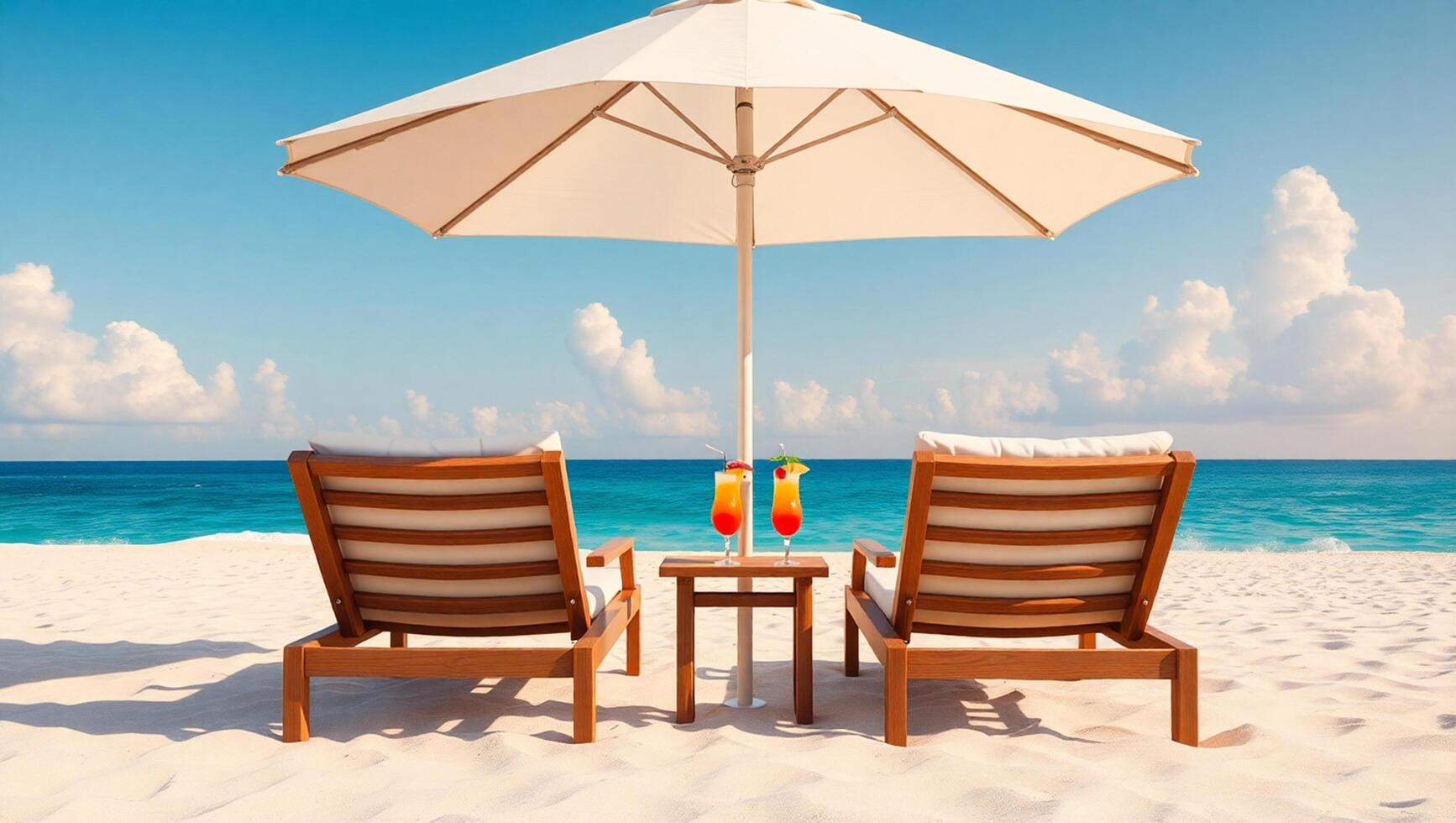 Wooden Lounge Chairs under a Beach Umbrella by the Turquoise Sea an Sky photo